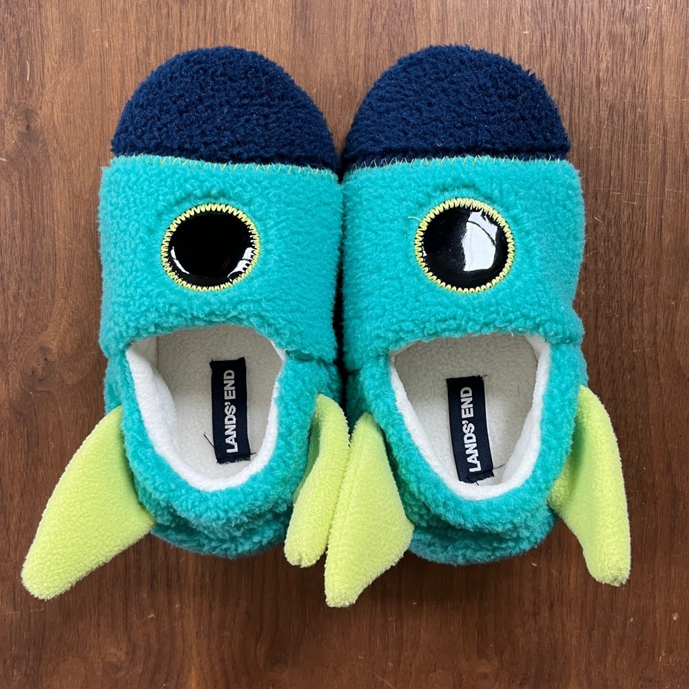 Lands’ End | Fleece Rocketship Kids Slippers | Blue/Turquoise | Size 12
